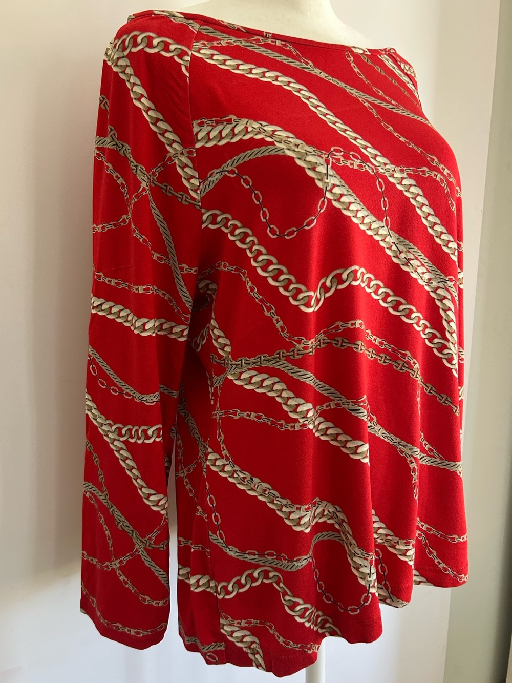 Carlisle Red & Gold Chain Equestrian Boatneck Top Designer SzL EUC